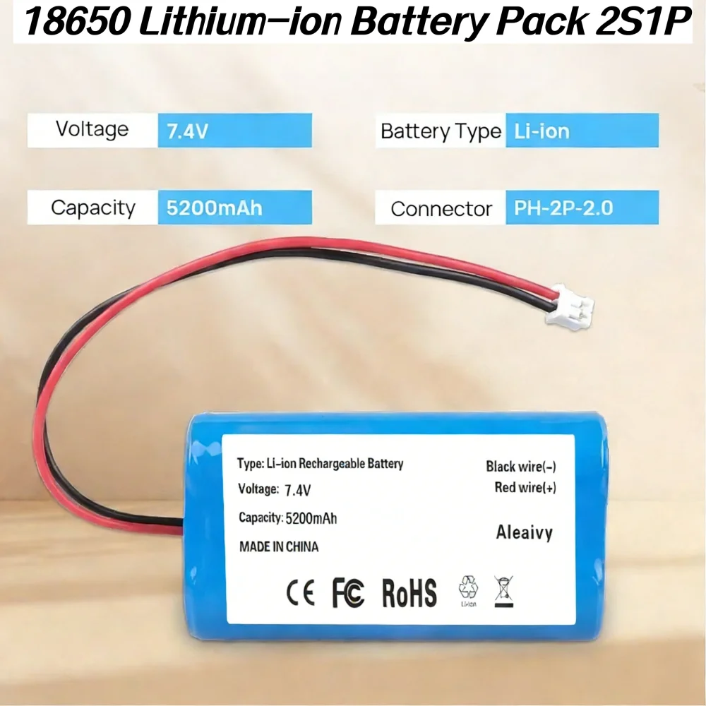 

Литий-ионный перезаряжаемый аккумулятор 7.4В 5200мАч 2S1P 18650 с разъемом PH2.0 для ремонта мегафонов и запасных частей для динамиков.