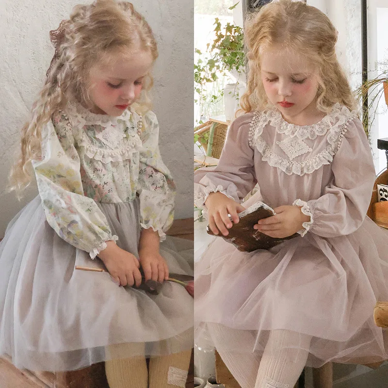 

2025 Spring and Autumn New Korean Children Girls Elegant Lace Edge Sweet Forest Style Floral Puff Mesh Dress