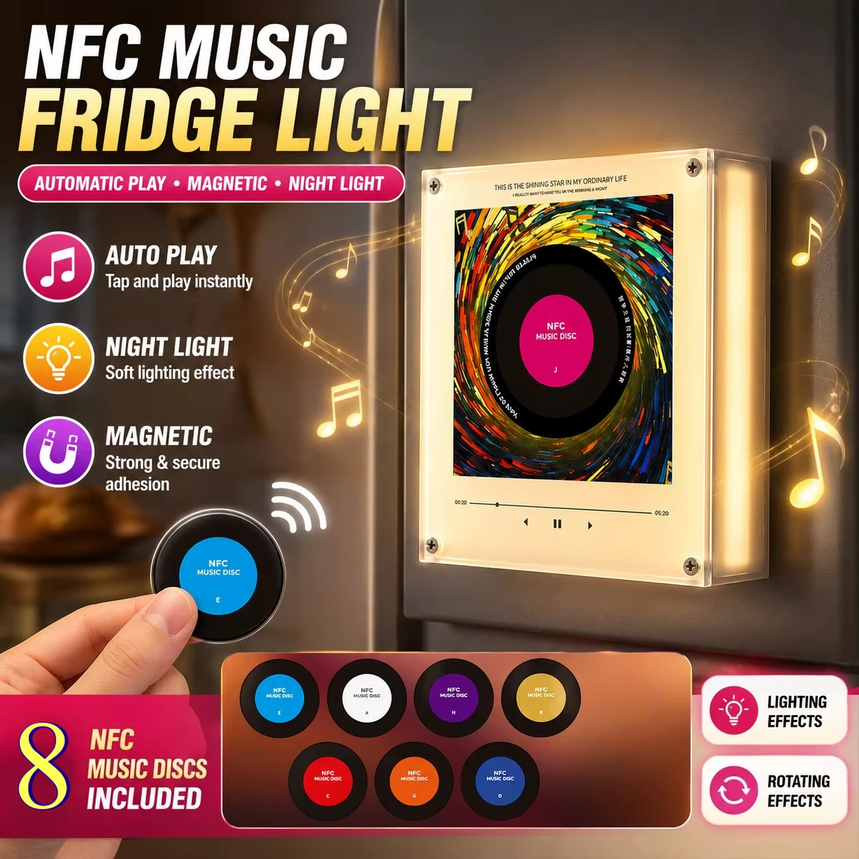 Auto Rotating NFC Sensing Magnetic Song Player Night Light, Refrigerator Magnet Music Box with 8Pcs Empty Discs Creative Gift