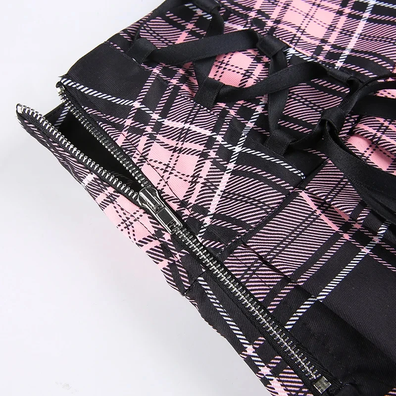 Goth Plaid Skirt With Ribbon Lace-Up Lace Trim Pink Tartan High Waist Pleated Mini Skirt Women e-Girl Miniskirt Alt Y2K Grunge