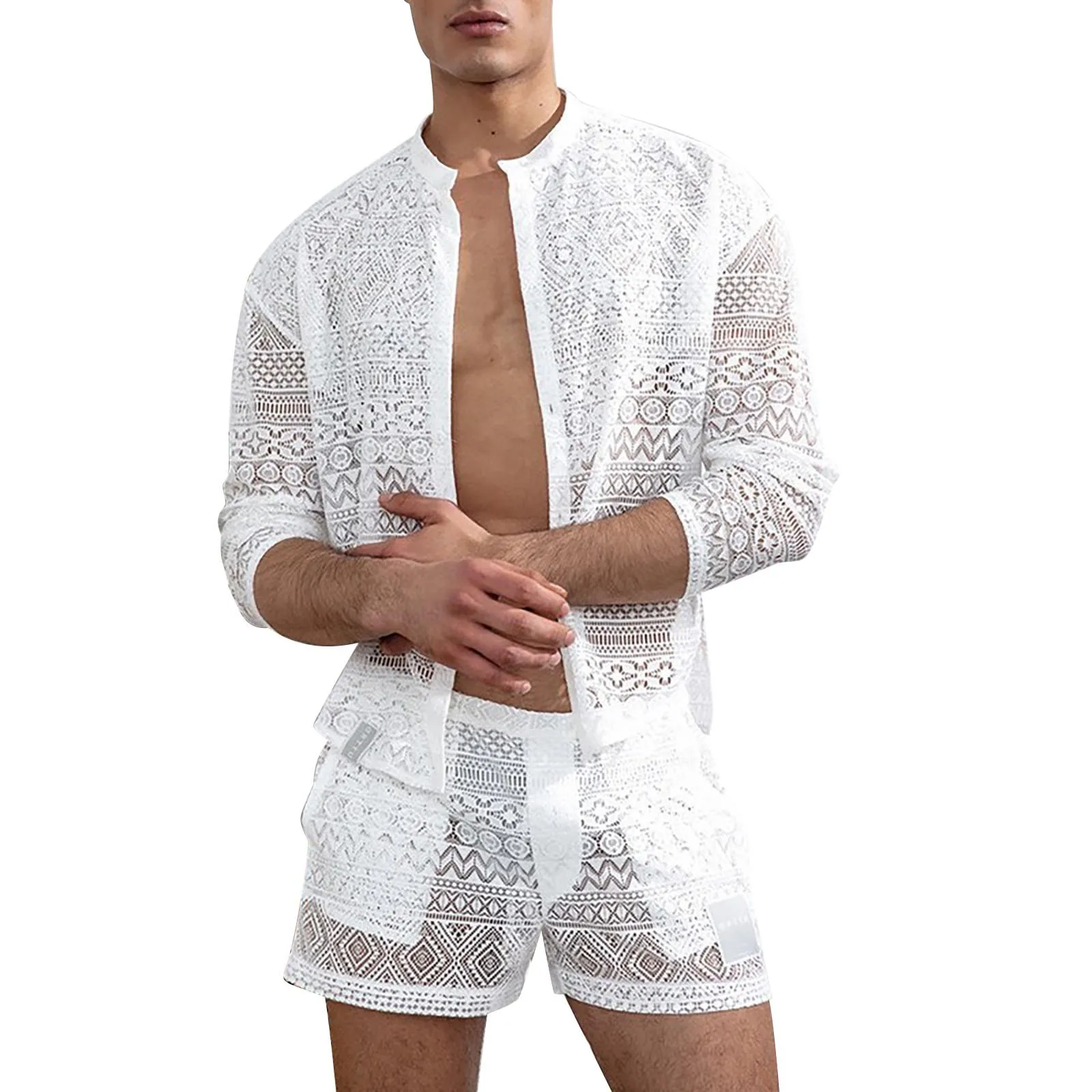 Men\'s Clothing Fashion Suit Men 2pcs Clothes Set Hollow Out Sexy Lace Short Sleeve Casual T Shirt Top Shorts Summer Solid Color