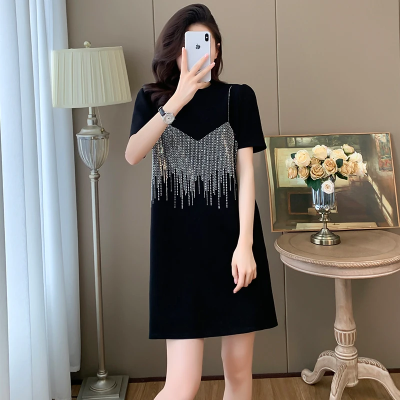 #7980 Summer Black False Two Piece T Shirt Dress Women Diamonds Streetwear A-line Dress Short Sleeve Elegant Office France Style