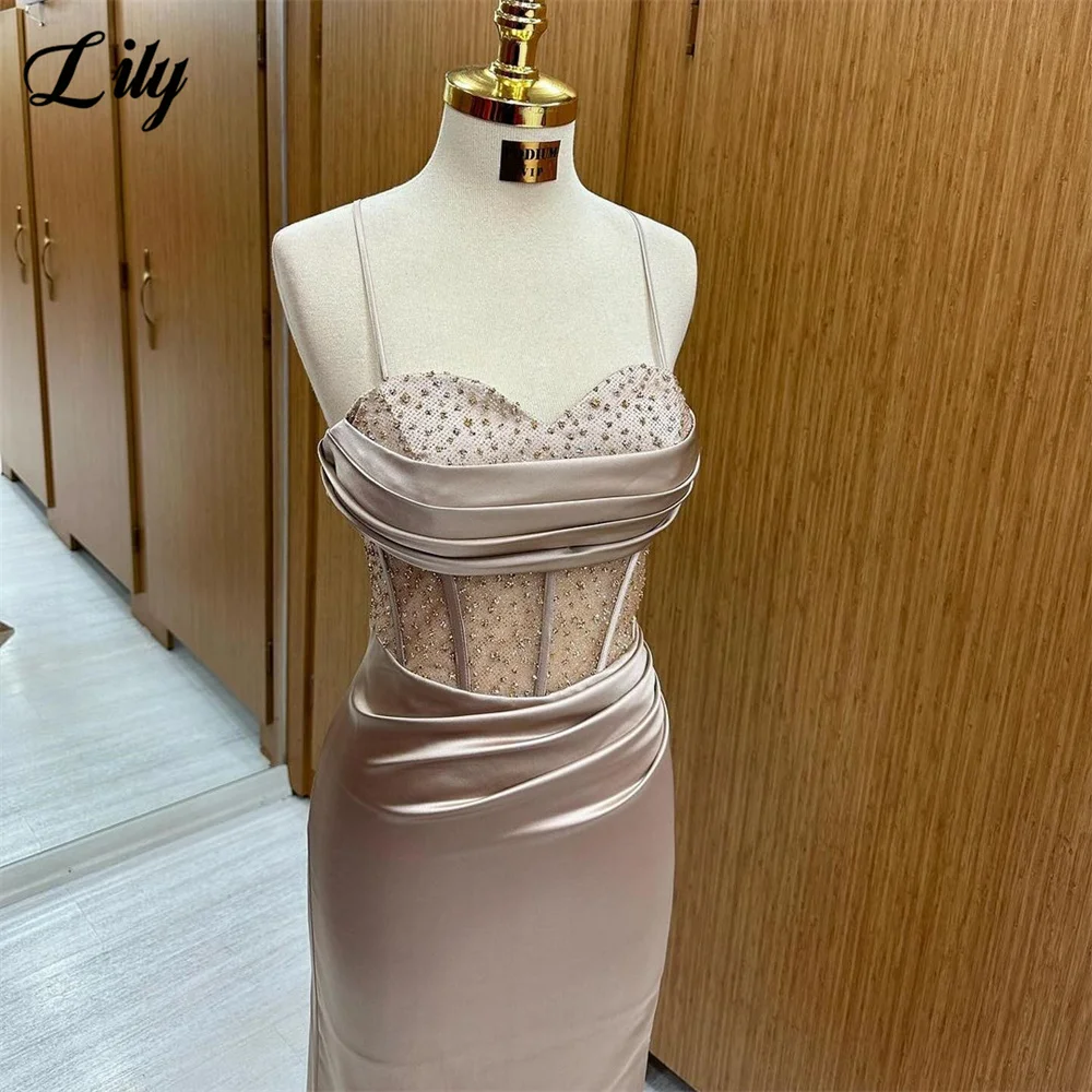 Lilie Spaghetti träger Champagner Ballkleid Schatz Meerjungfrau sexy Abendkleid Fleck Abendkleid mit Schlitz Pailletten Party kleid