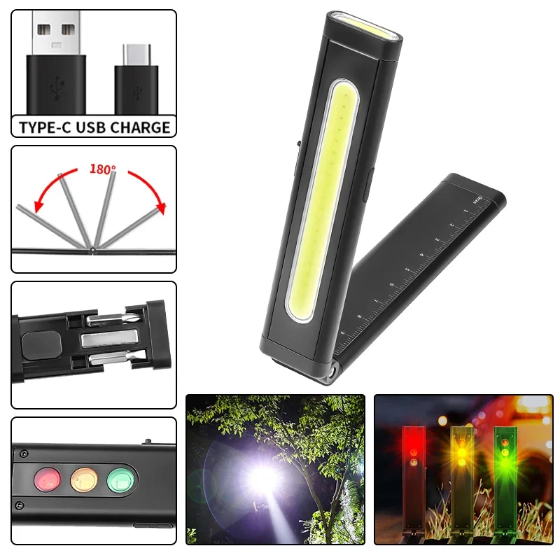 مصباح يدوي LED صغير USB-C قابل لإعادة الشحن مع مسطرة، إضاءة متعددة المصادر، مجموعة أدوات مفك براغي مخفي، ضوء عمل مغناطيسي