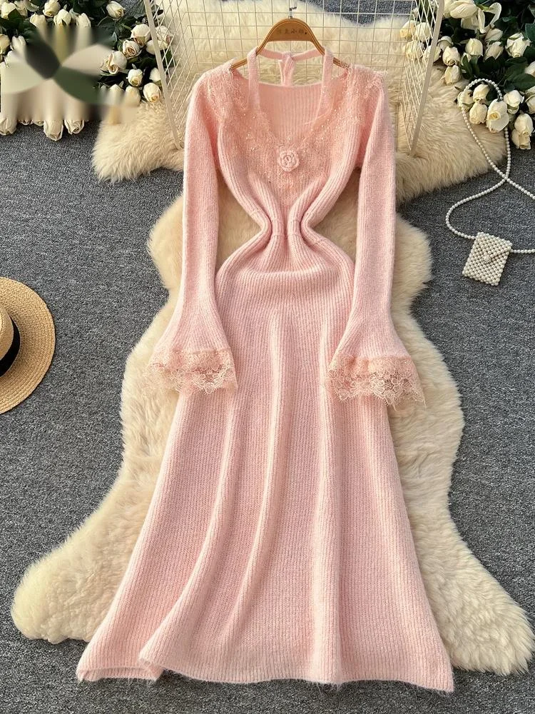 

Gentle Sequins Lace Dress Female Spring V Neck Flared Sleeves Solid Slim Autumn 3D Floral Halter Knitting Long Dresses