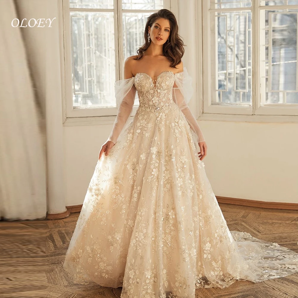 

OLOEY 2025 Off the Shoulder Evening Dresses Ball Gown Applique Wedding Floral PrintStraps Fairy Prom Gowns Customized