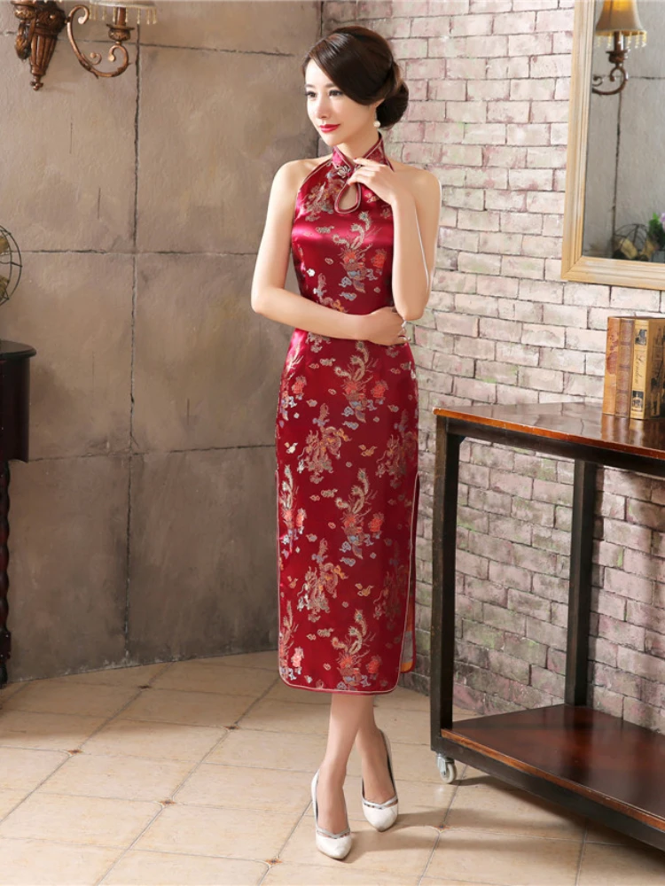 Vintage Lady Sexy Satin Qipao Evening Dress Classic Backless Cheongsam Female Traditional Chinese Wedding Dress Oriental Qipao