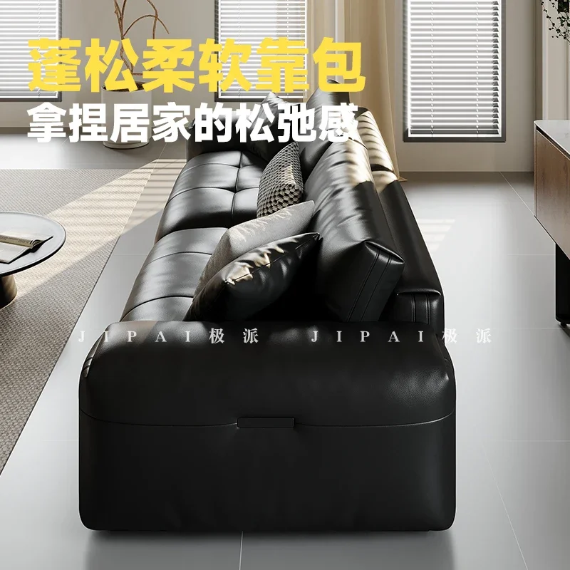 Minimalist leather sofa, retro first-layer cowhide in the living room, straight row one-character medium-ancient black sofa