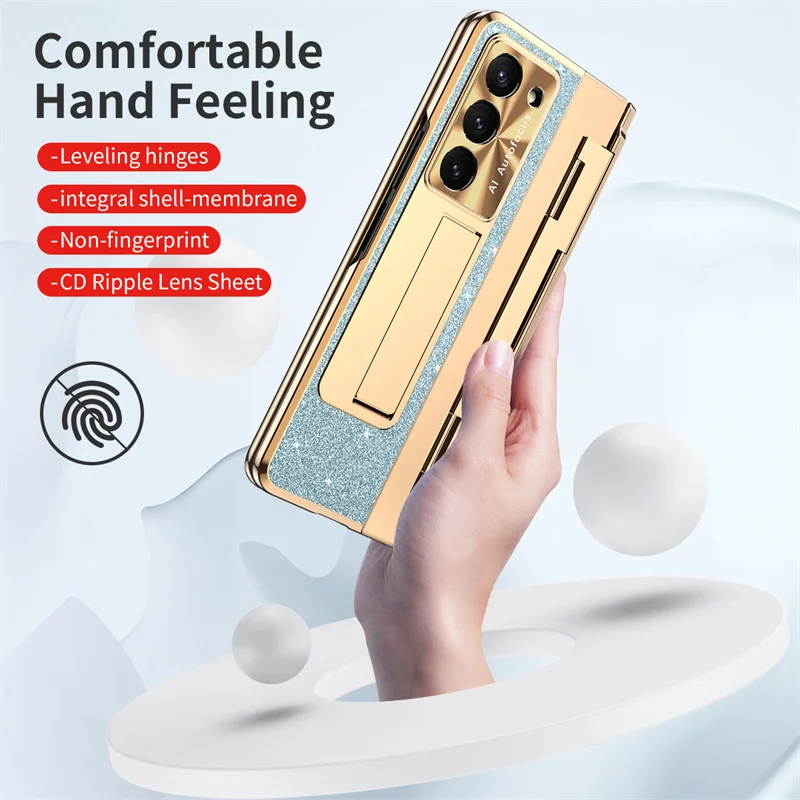 For Samsung Galaxy Z Fold 7 3 4 5 6 Luxury Flip Leather PC Integrated Cover Glitter Series With Holder Protective Phone Case