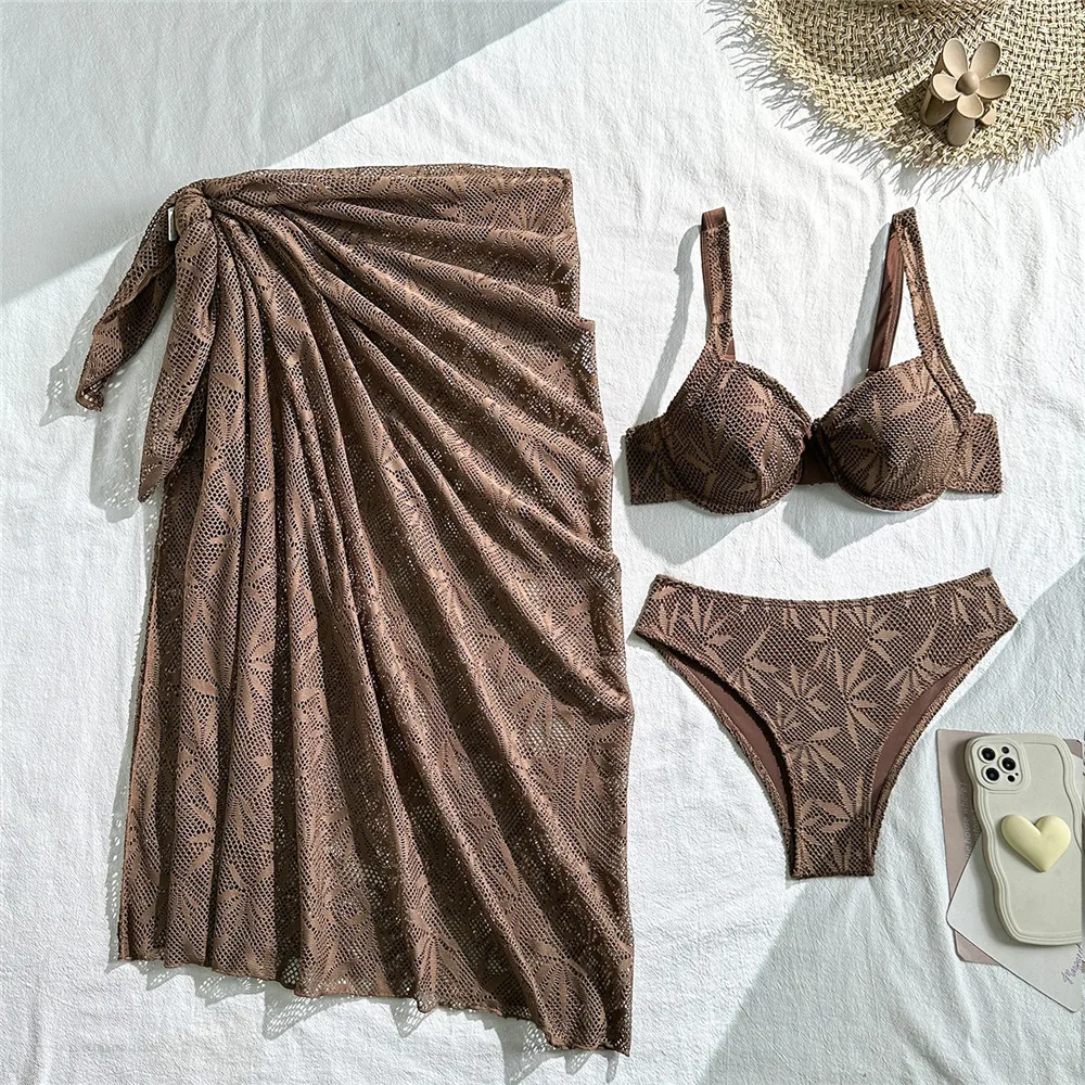 

Dark Brown Hollow Lace Swimwear Cover Ups Push Up Bikinis Sets 3 Pieces Sexy Swimsuit Women 2026 Bathing Suit Beachwear Bikini