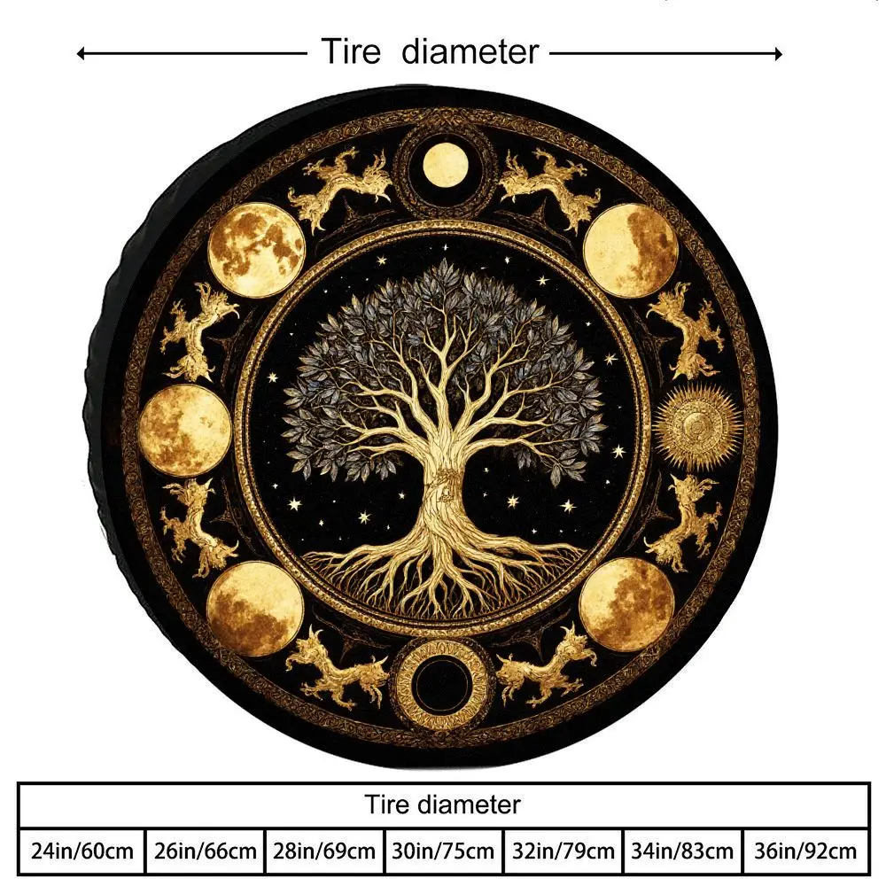 Fit SUV Truck Tire Cover With Celtic Tree Of Life & Celtic Knot Design - Heavy-Duty Polyester Wheel, Golden/Rustic Frame & Lunar