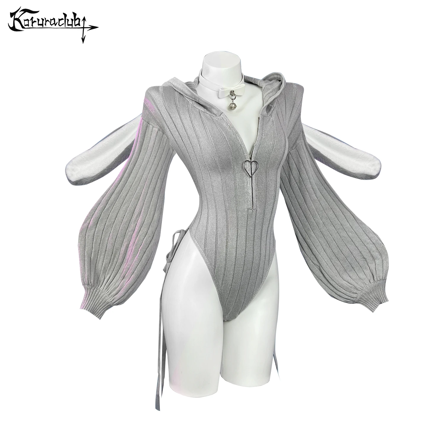 

KORURACLUB cute rabbit jumpsuit sweater love zipper knitted bunny long-sleeved plush rabbit tail home pajamas
