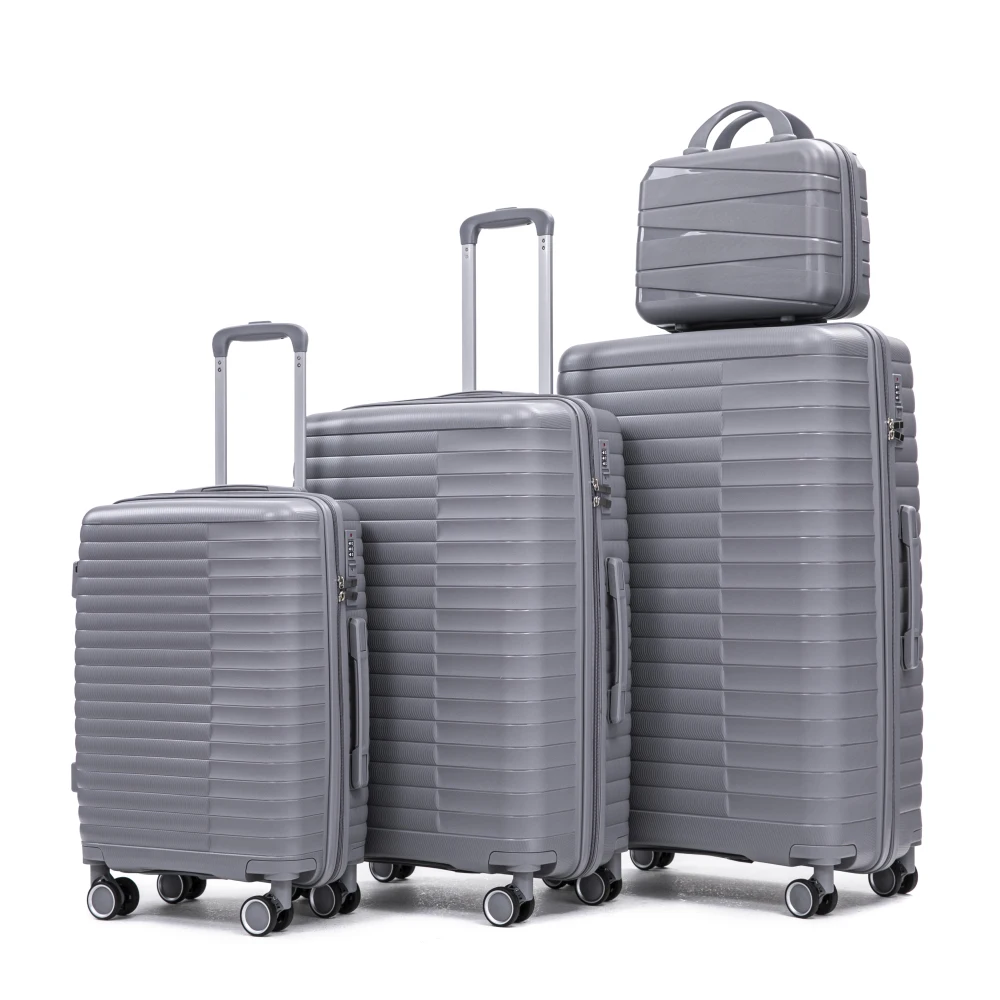 

4 Pcs PP Light Gray Luggage Set 14/20/24/28 Inch Travel Suitcase with Iron Pull Rod Combination Lock Include 14" Cosmetic Case