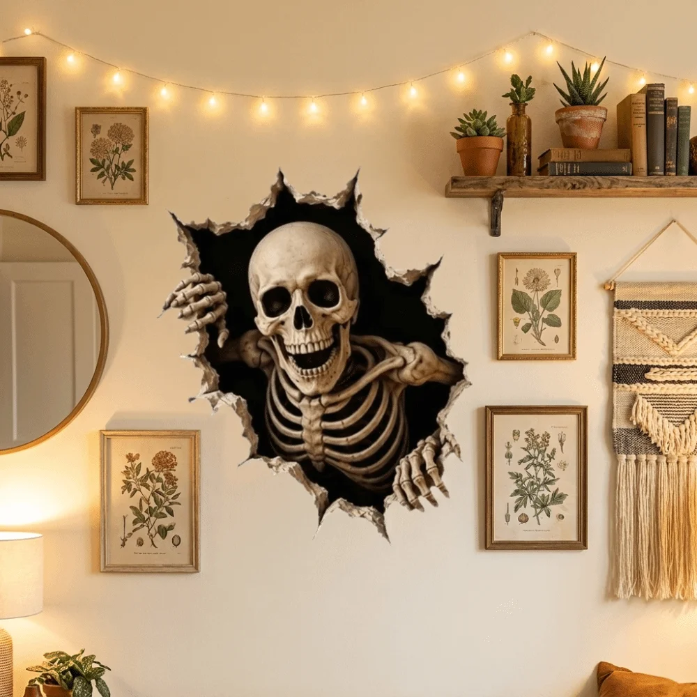 2D Flat Ghost Pumpkin Wall Decal Self-Adhesive Waterproof Halloween Skeleton Wall Stickers Realistic Spooky