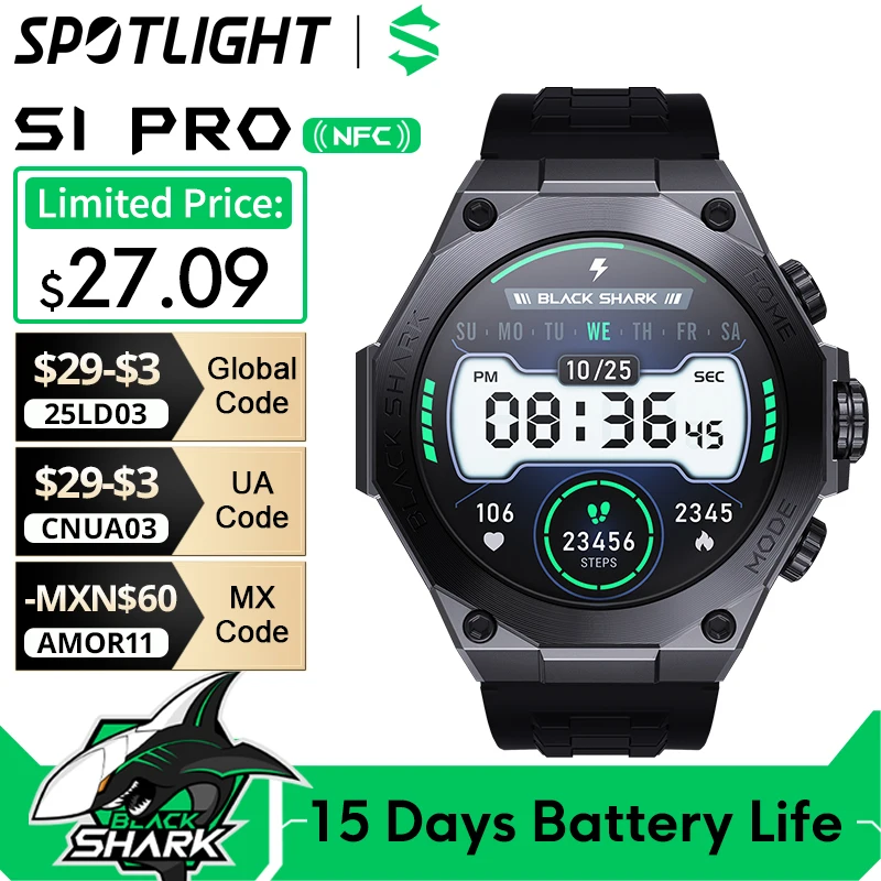 [World Premiere] Global Version Black Shark S1 Pro Smart watch 1.43'' AMOLED Wireless Charging 15 Days Battery Life NFC Chat GPT