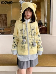 Y2k Aesthetic Cartoon Bear Jacquard Hoodies Cardigan Women Casual Kawaii Ear Hoody Knitwear Tops Harajuku Vintage Loose Sweater