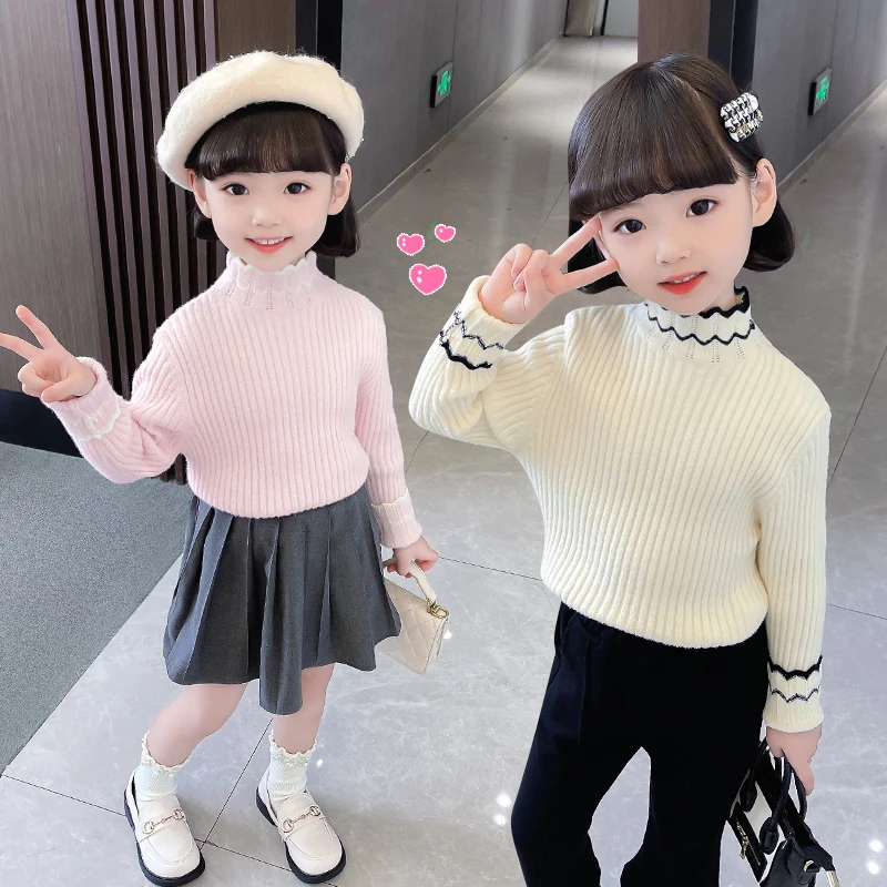 Children's brand sweater 2022 new spring autumn girls knitwear striped turtleneck warm jacket lace sleeves luxury design cheap