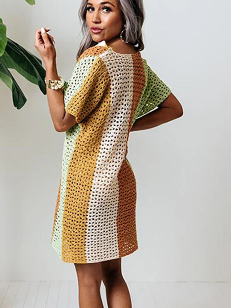 ใหม่ Contrast สีบิกินี่ COVER-UPS ผู้หญิงลึก V คอ Beach COVER UP ฤดูร้อนแขนสั้น 2025 แฟชั่นหญิง Beachwear