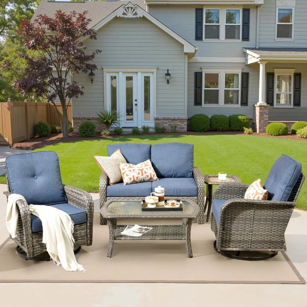 5-Piece Patio Set, Swivel Rocking Chairs & Loveseat, All-Weather Rattan Wicker Outdoor Sectional with Coffee Table,Custom