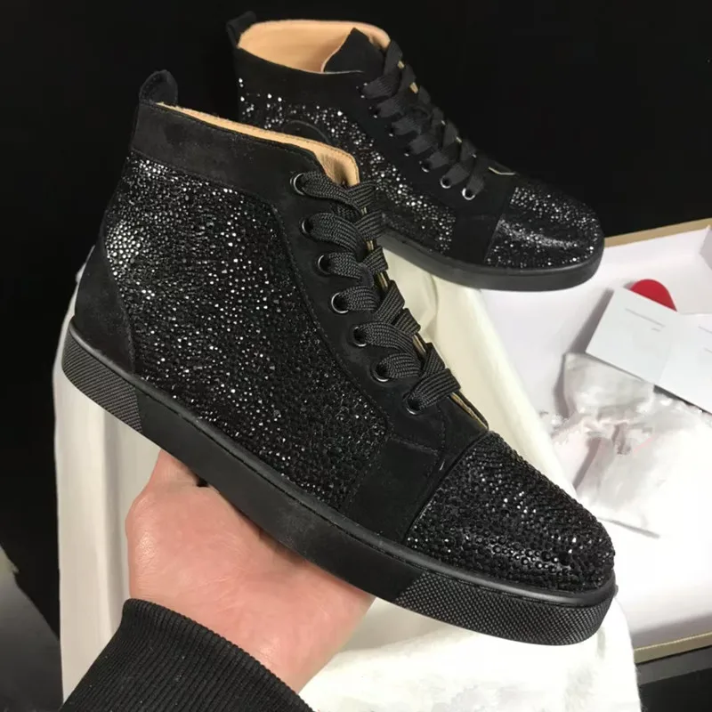 Men's High Top Board Shoes With Rhinestones, Full Diamond Rivets, Lace Up Flat Bottom Casual Shoes, Couple's Shoes, Women's Shoe