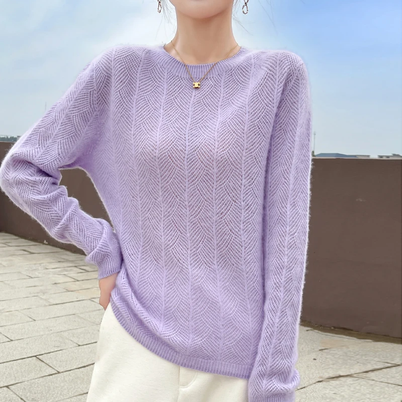 Autumn and winter women\'s new sweater 100% merino wool sweater long sleeve pullover cashmere O-neck solid color hollow loose top