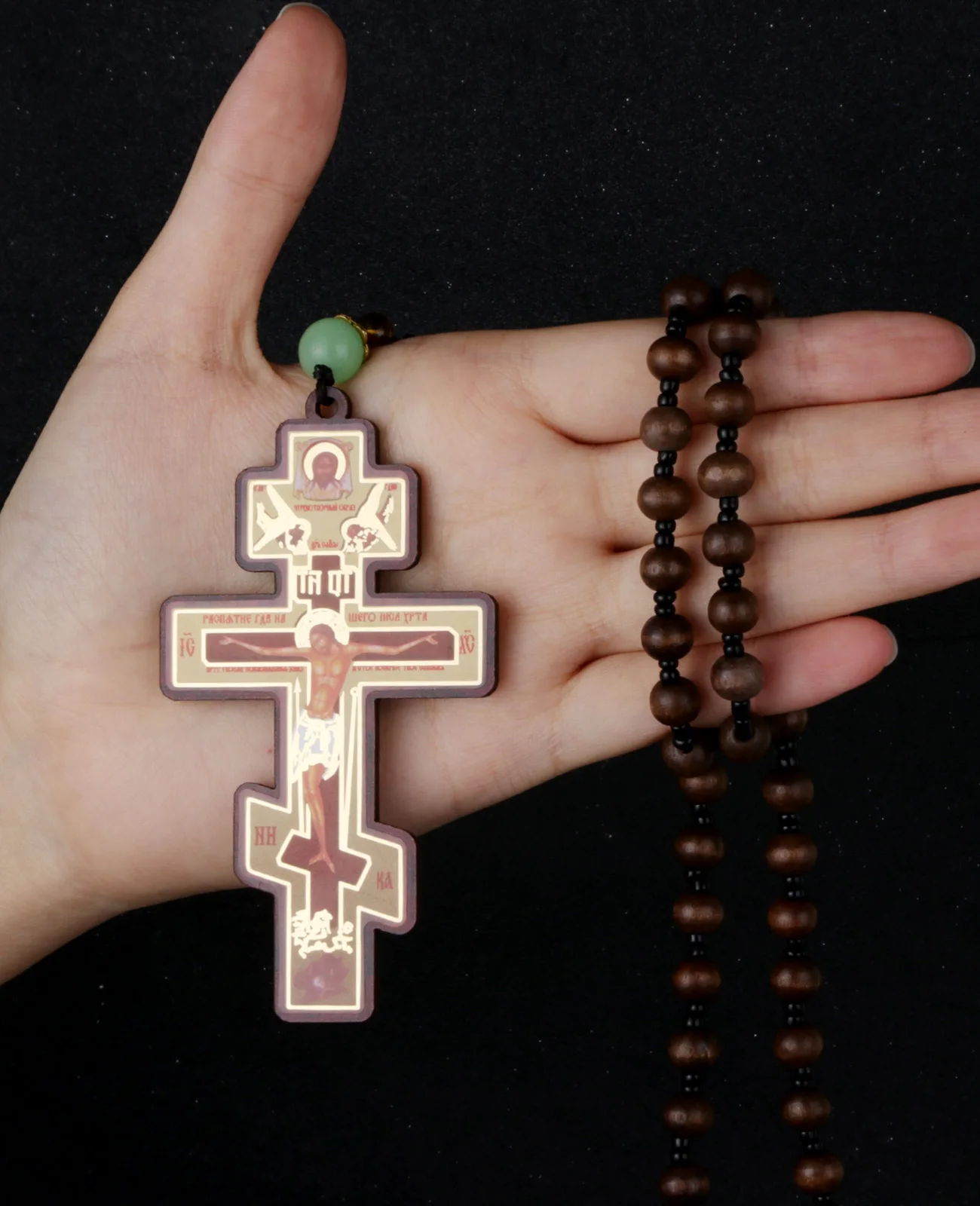 Baumwolle religiöse hölzerne Gebets perlen Kette große östliche orthodoxe Kreuzigung Kreuz Anhänger Halskette Taufe Schmuck Behänge