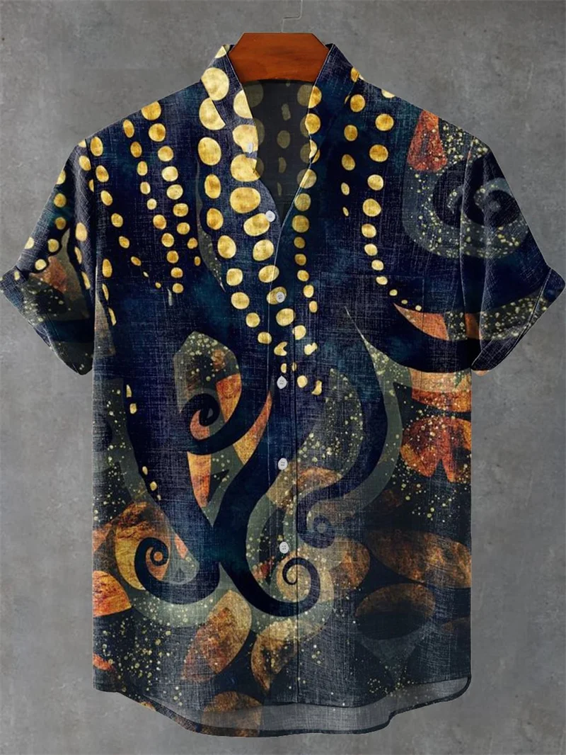 

Men's Linen Short Sleeve Shirt Fashion Cartoon Fish Art Octopus Pattern Plant Summer Casual Top Shirt
