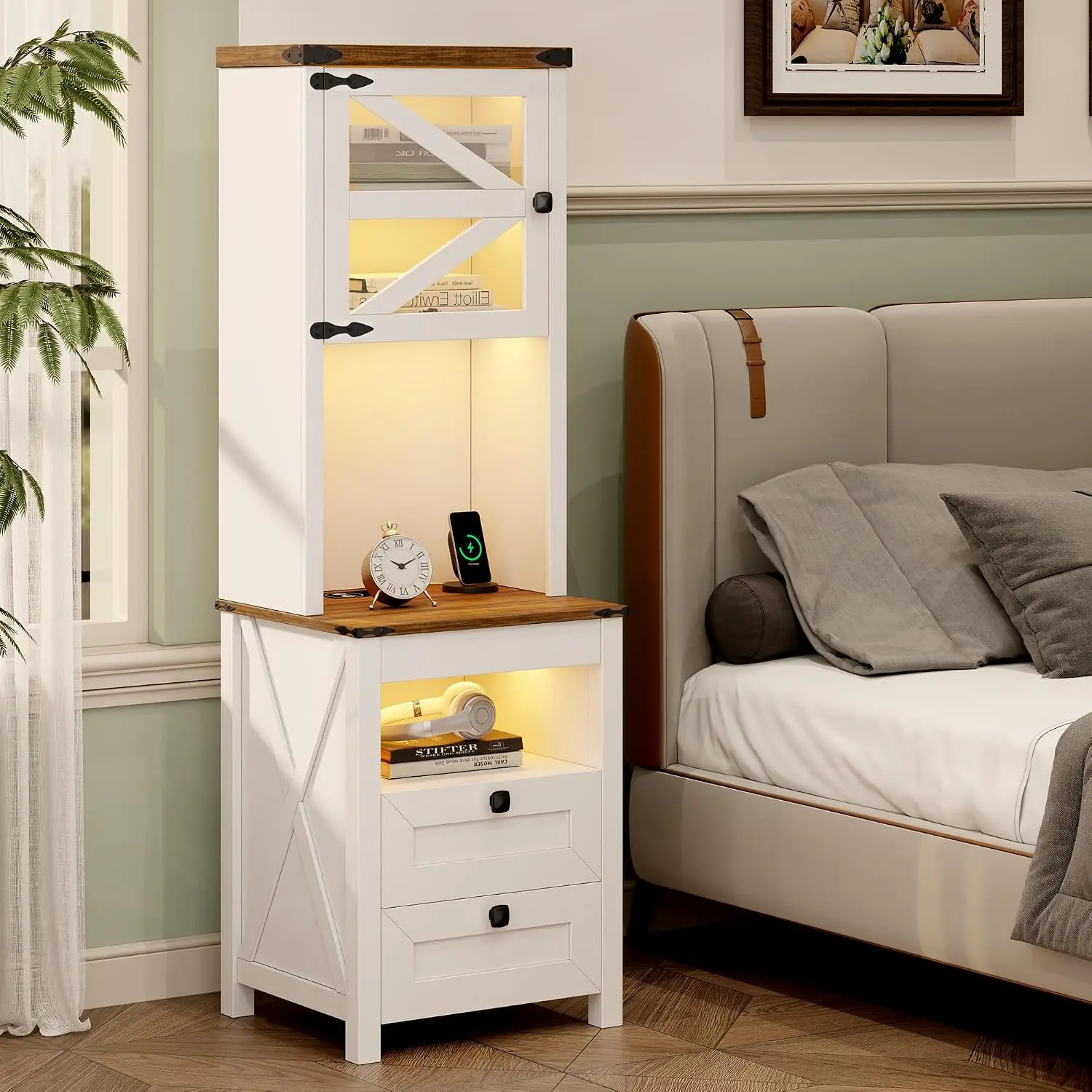 Tall Nightstand with Charging Station, Bedside Table with Drawers & Adjustable Shelf, LED Gun Storage, Farmhouse Bedroom Table