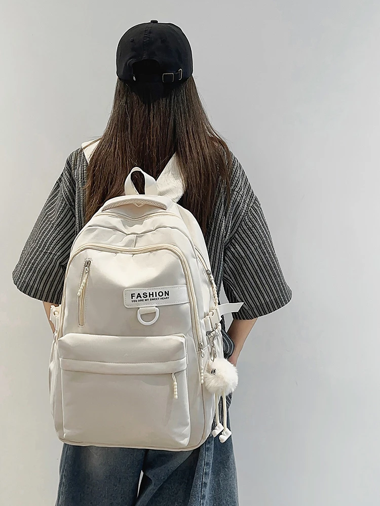 大容量高校生用バックパック女の子用かわいい白ピンク耐久性のある中学生女子ダブルショルダーバッグ学用品