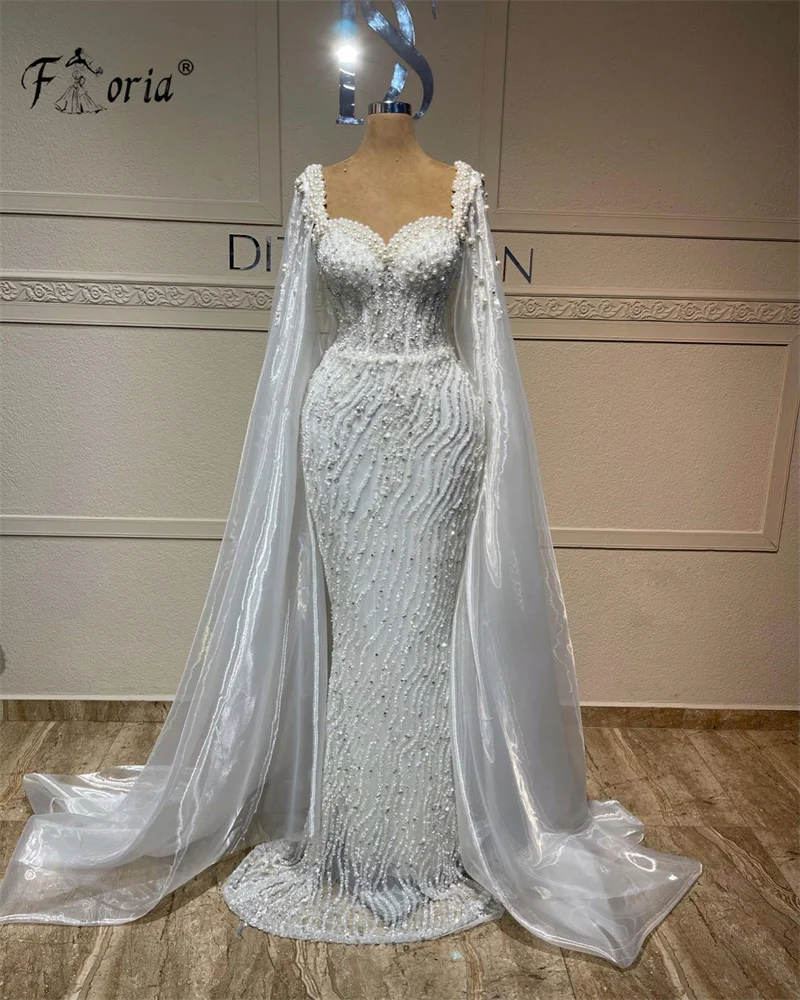 Gorgeous Dubai Mermaid Evening Dresses Pearls Beaded Lace Cape Wedding Party Gowns Arabia Formal Occasion Dress robe de soirée