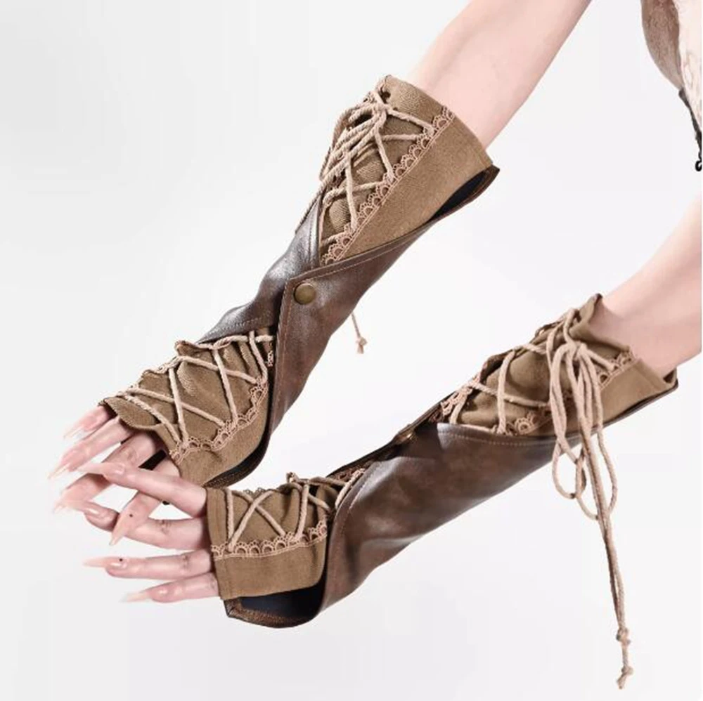 

Длинные перчатки в стиле стимпанк, женские варежки без пальцев на локте в готическом стиле Лолиты в стиле панк со шнуровкой