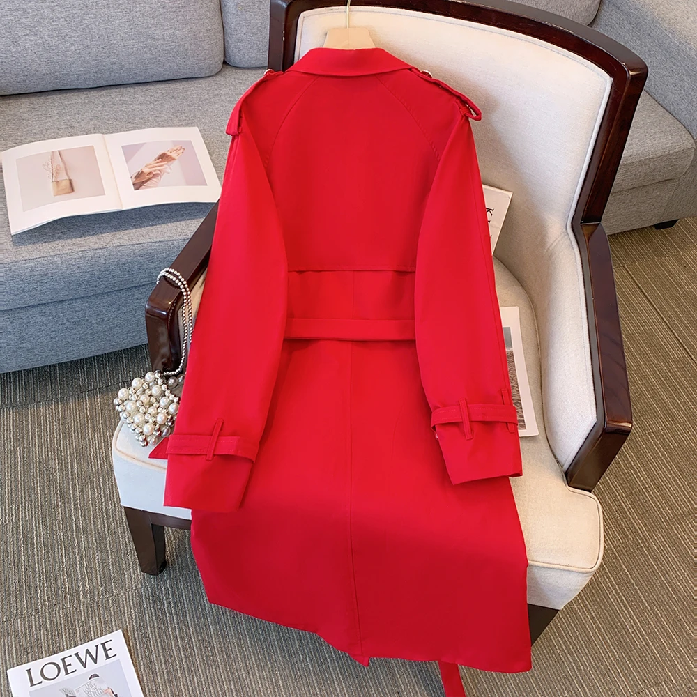 Plus-size women's autumn/winter leisure commute loose comfortable coat Red black button-down suit collar waist mid-length top