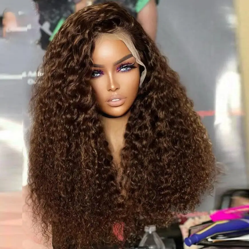 Natural Long Soft 26“ Brown Kinky Curly180Density Deep Lace Front Wig For Women BabyHair Glueless Preplucked Heat Resistant