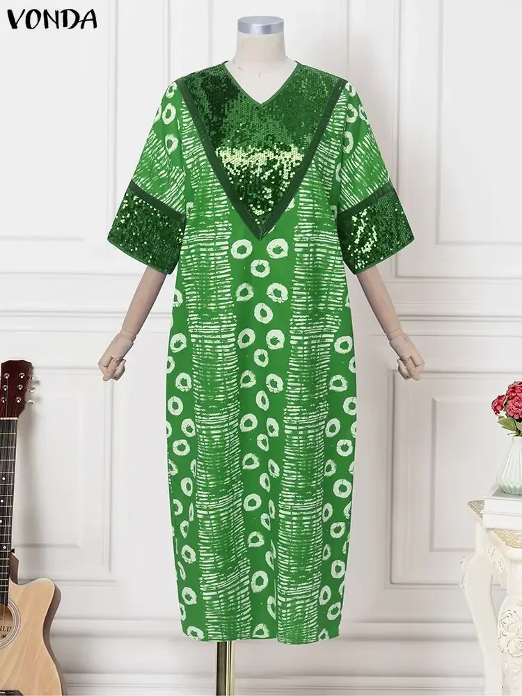 فوندا المرأة حجم كبير البوهيمي فستان طويل الترتر المرقعة ماكسي فيستدوس الخامس الرقبة الطباعة عادية خمر الخريف فضفاض رداء الحفلات