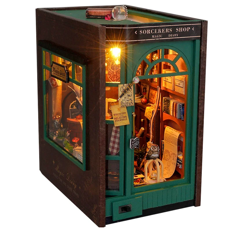 DIY Book Nook Insert Shelf Kits Wooden Miniature Model Kit Sorcerer's Shop Casa Bookend Magic Diary Bookshelf Home Decor Gifts