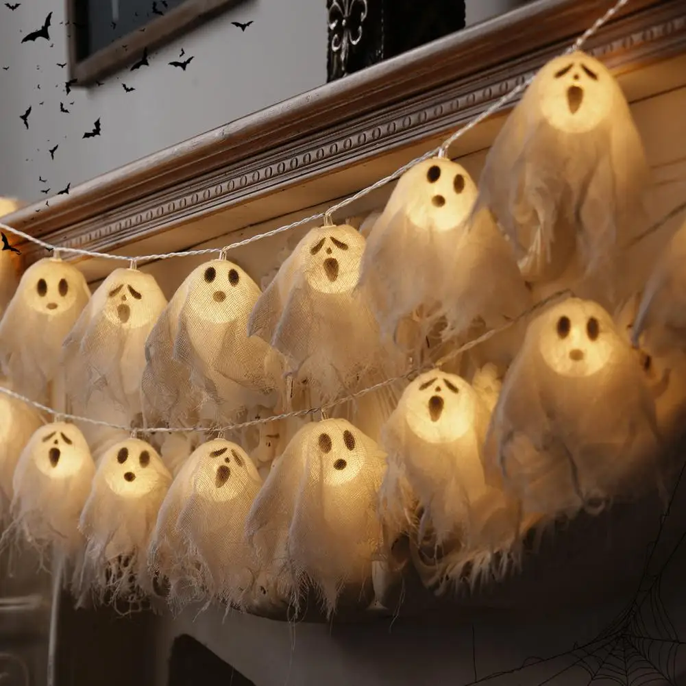 ทําด้วยมือ LED ฮาโลวีน Ghost String ไฟ Spooky เตาผิง Garland สําหรับตกแต่งปาร์ตี้ฮาโลวีน Haunted House