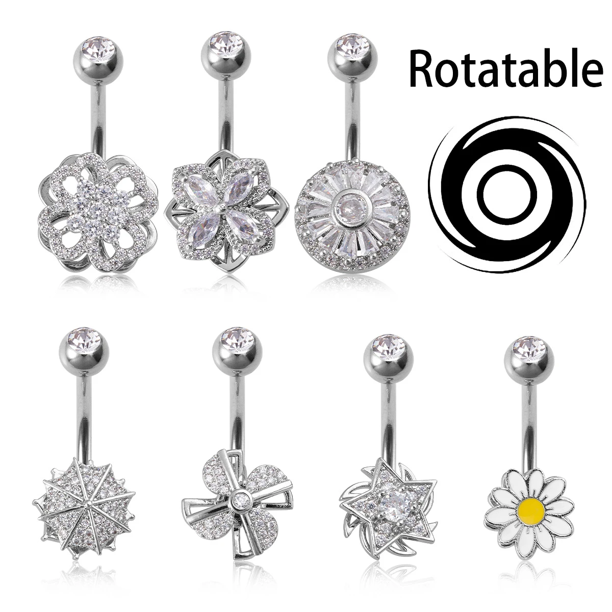 1pc Spinning Belly Button Rings Windmill Flowers Rotating Navel Piercing Stainless Steel CZ Whirling Navel Ring Body Jewelry 14G