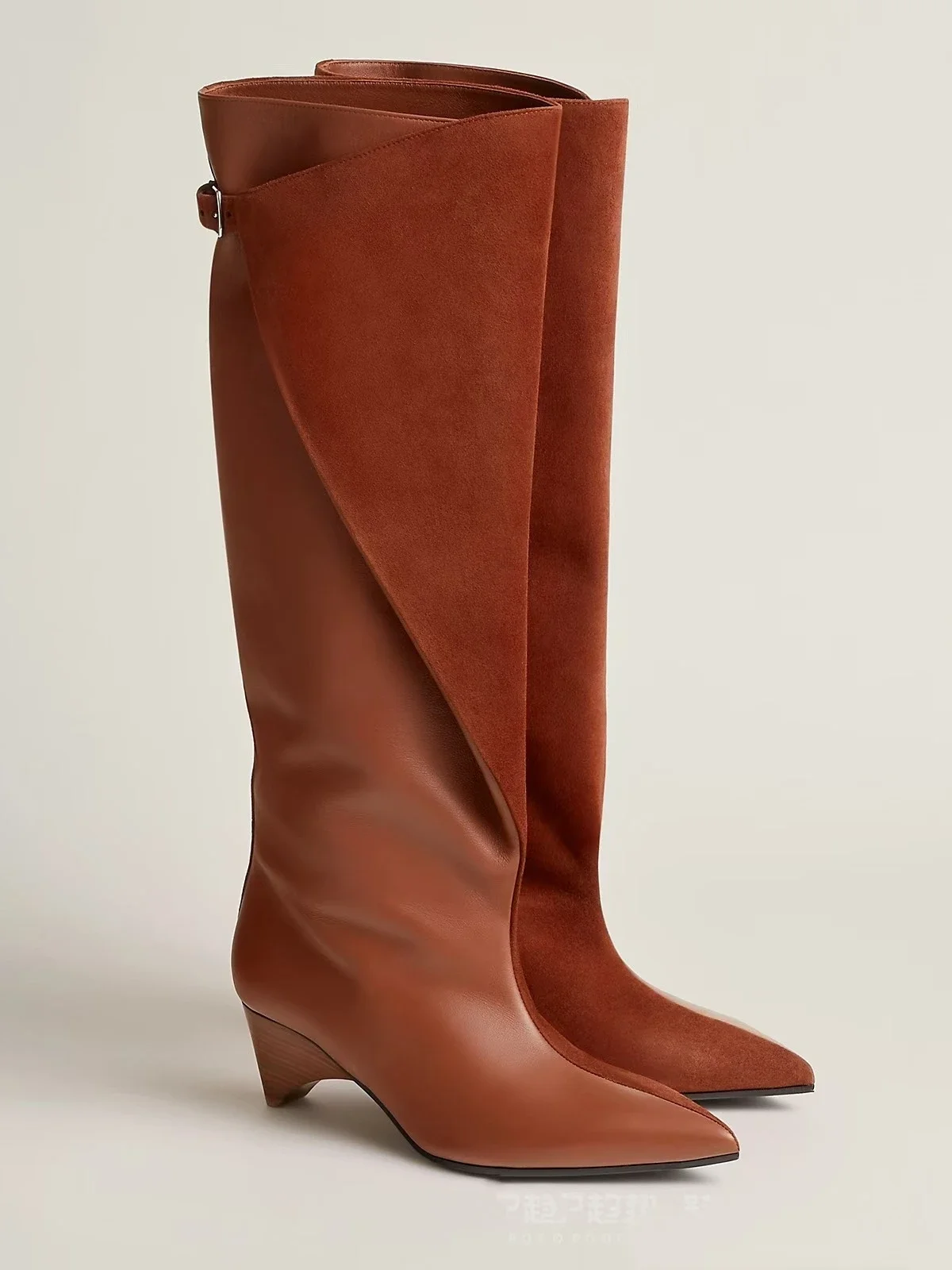 

Pointy-Toe Matching Belt Buckle Chunky Knee-High Boots Plus Size Fall/Winter Women's Shoes Cone-Heeled High-Heeled Knight Botas