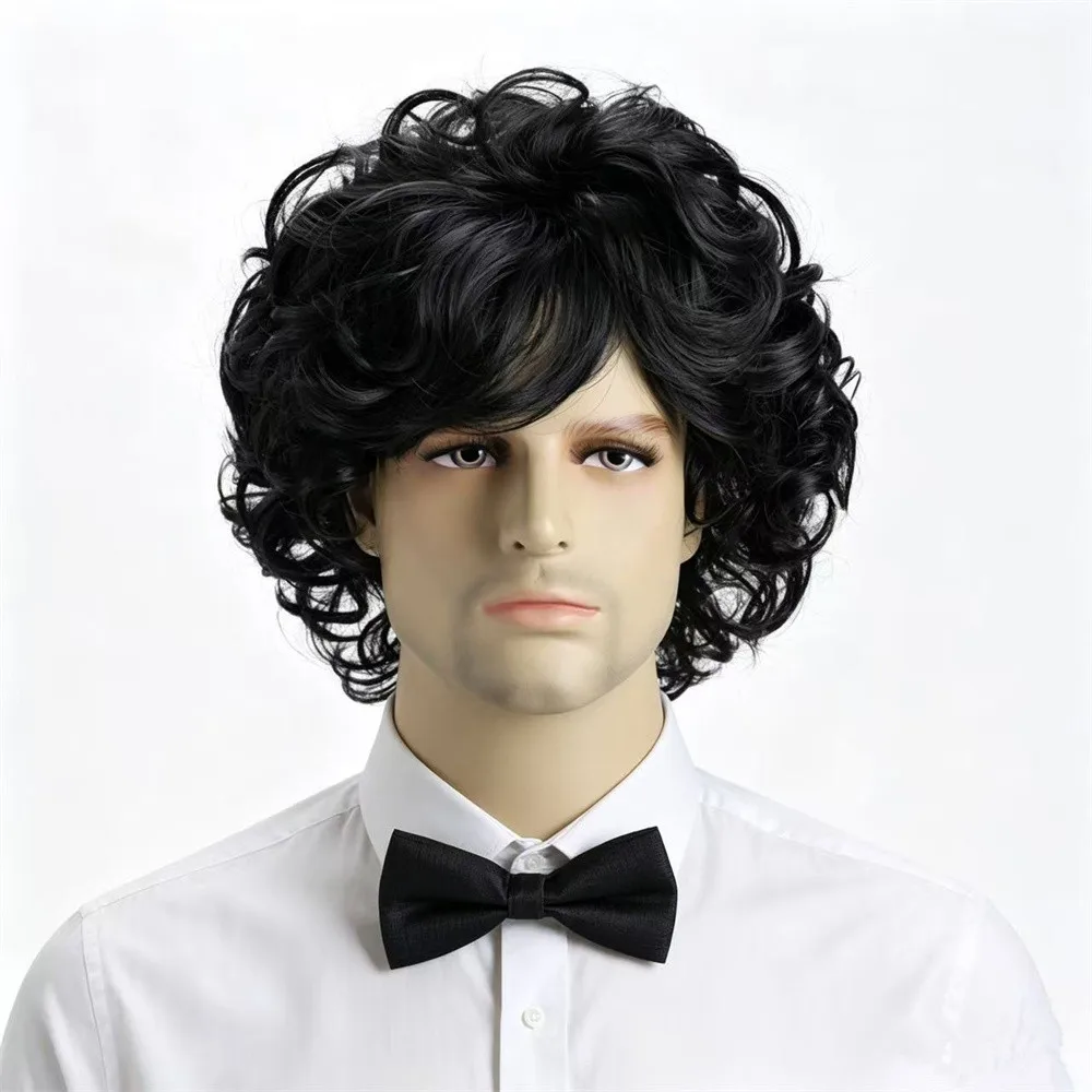 

Men's Short Curly Synthetic Wig Natural Black/Brown Heat Resistant Fiber Daily Party Cosplay Wigs for Men