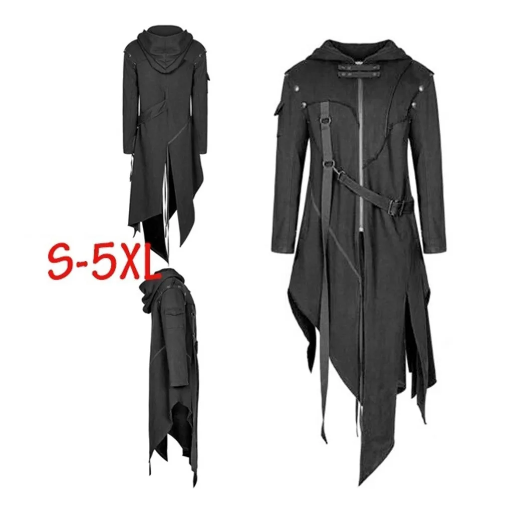 Moda męska Retro Punk Zipper Asymetryczna kurtka z kapturem Przystojny rycerz Płaszcz Kurtka Halloween Cosplay Karnawał Odzież wierzchnia