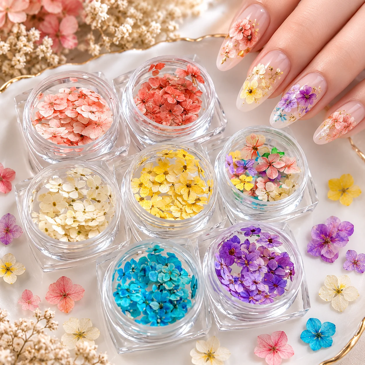 1Jar Mixed Nail Art Flower Charms 3D Natural Flower&Rhinestone Floral Manicure Jewelry Accessories For Craft Wedding