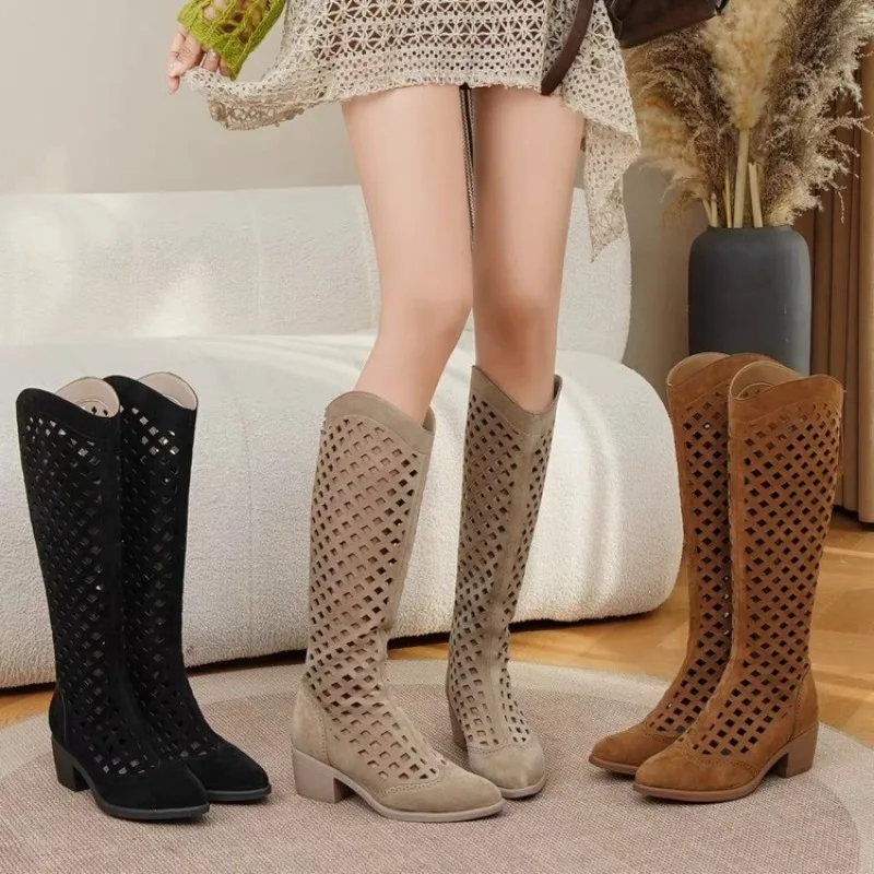 2026 Spring/Autumn New Fashion Retro Cutout Breathable Block Heel Versatile Mid-Tube Women's Boots，European and American Style