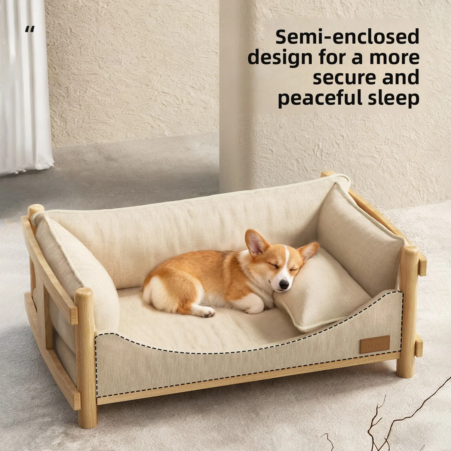Solid Wood Pet Bed Elevated Dog Cot for Cats Puppies Medium Large Breed Semi Enclosed Design
