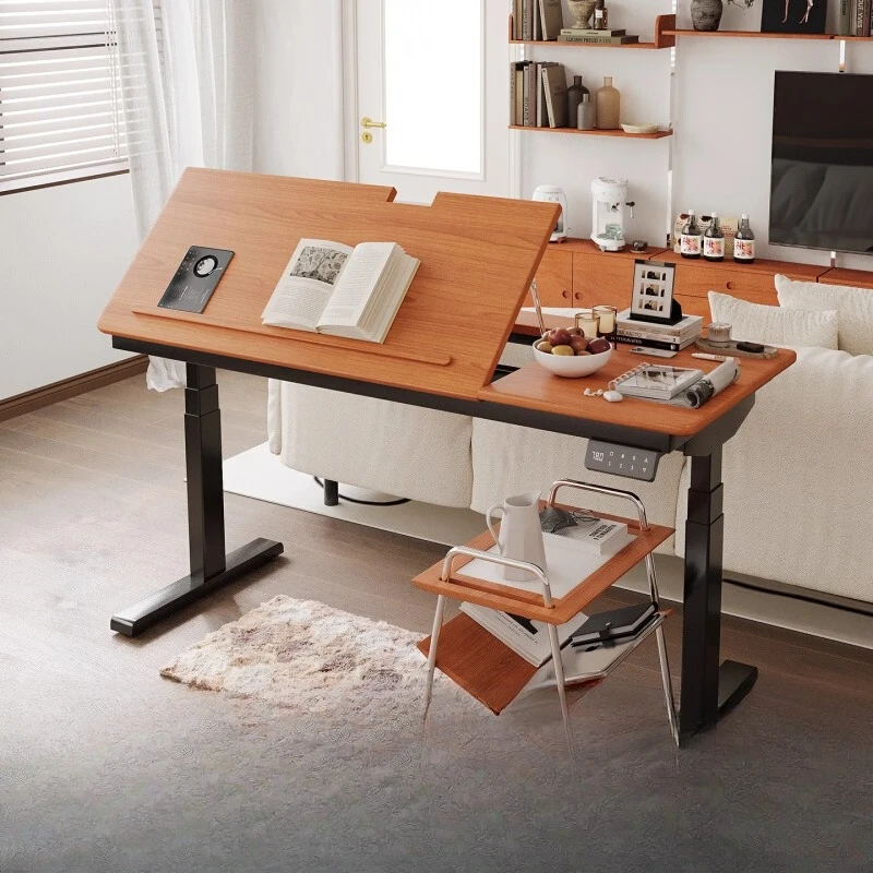 

Electric lifting desk solid wood office computer desk, small apartment, tilting cherry wood lifting study desk calligraphy table
