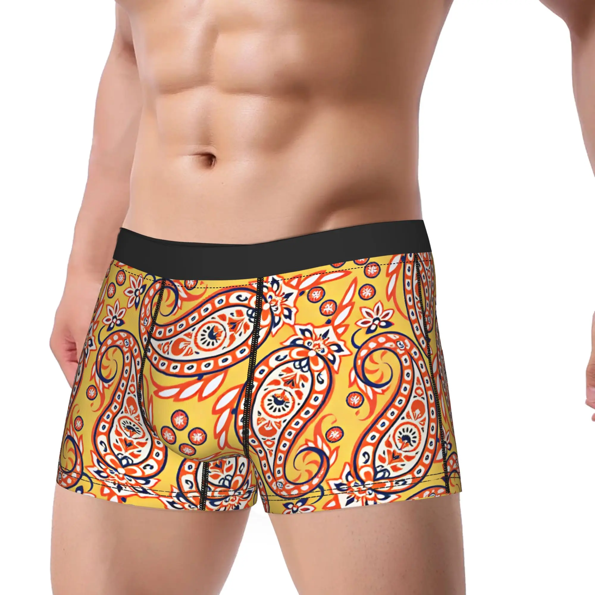 Yellow Orange Classic Paisley Underwear  Male Underpants Custom Breathable Trunk High Quality Boxer Brief Big Size