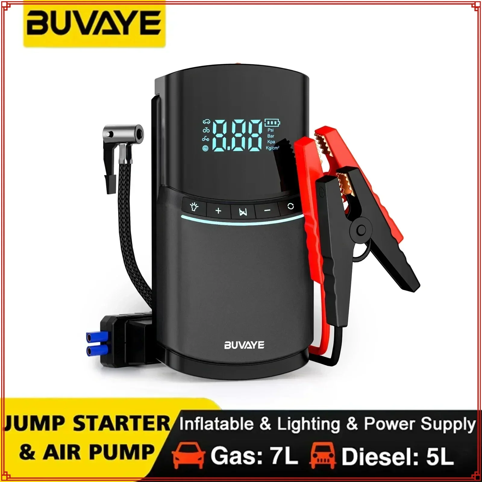 BUVAYE Car Jump Starter 150PSI Tire Inflatable Pump, Power Bank, 2000A Battery Booster Air Compressor, Digital Auto Inflator