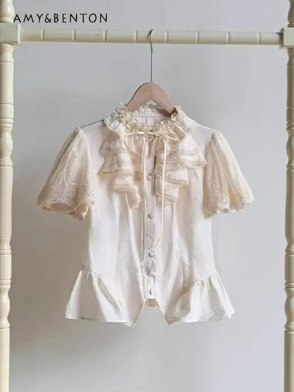 

Court Style Retro Lolita Shirt Removable Sleeve Ruffle Edge Round Neck Bubble Sleeve Shirt Women Solid Color Versatile Blouse