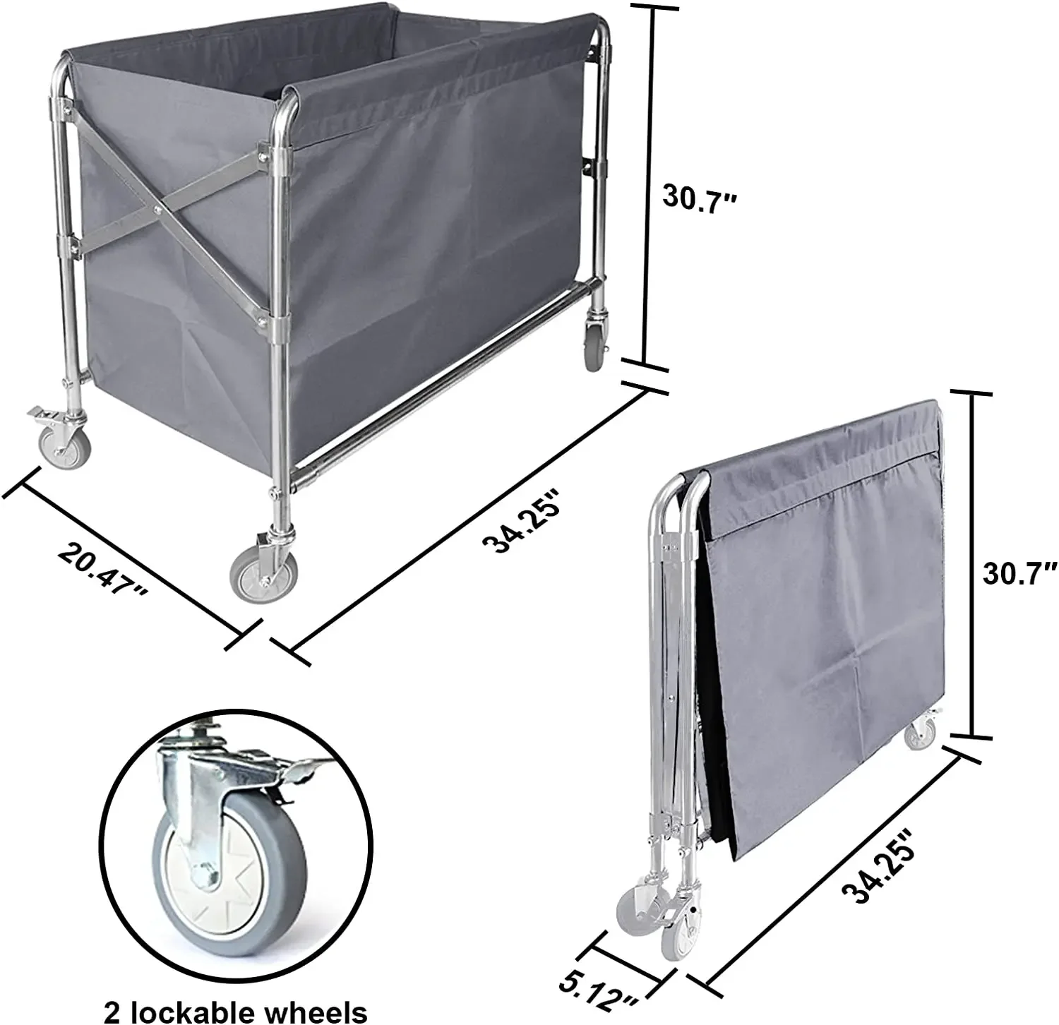 Laundry Cart With Wheels， Commercial Laundry Cart 440lbs Load Capacity, Stainless Steel Frame Waterproof Oxford Bag