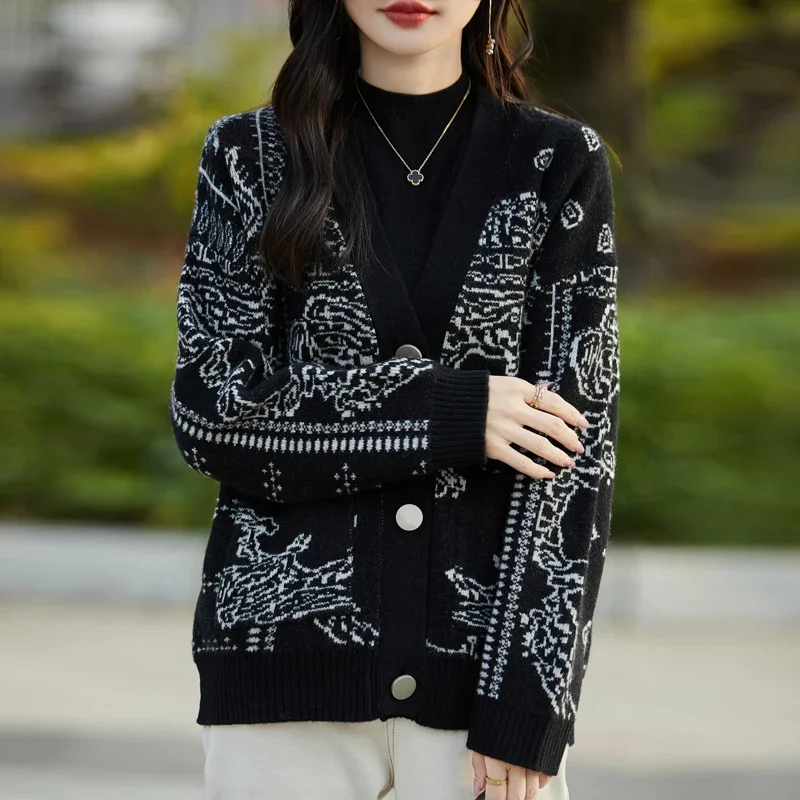 

Autumn And Winter New 100% Pure Wool High-End Lazy Women's Thick Warm Cardigan Ink Painting Leisure Knitted Coat