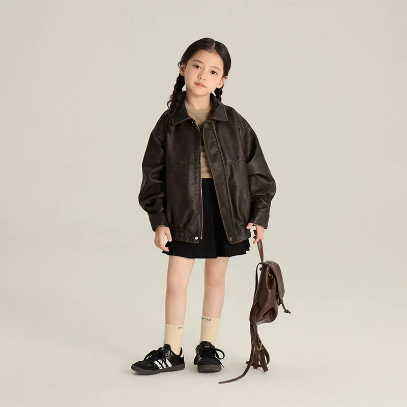 

Children's Retro Leather Jacket for Autumn 2024 Suitable for Both Men and Women Korean Version Cool Motorcycle Style Leather